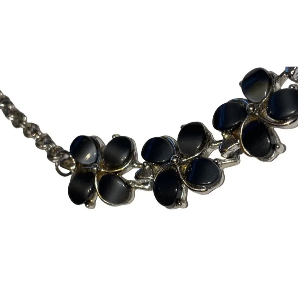 Silver Black Charcoal Gray Stone Beads Floral Flower Choker Necklace
